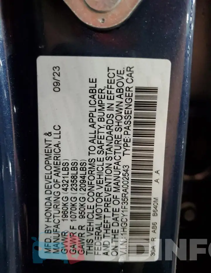 1HGCY1F35RA002543 Photo# 12