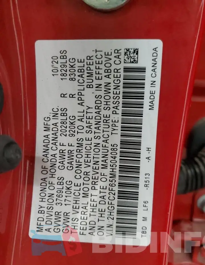 2HGFC2F65MH504085 Photo# 13