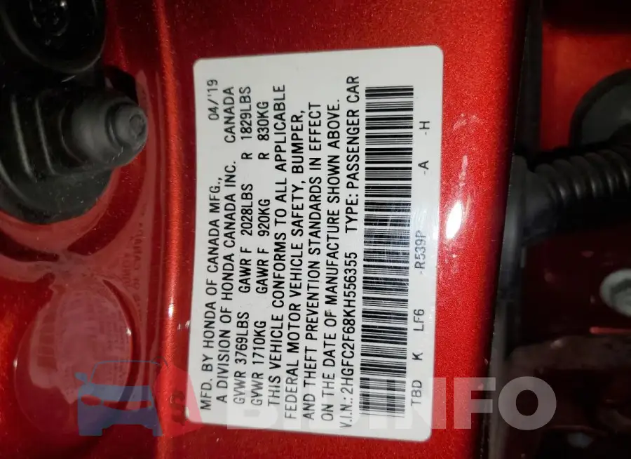 2HGFC2F68KH556355 Photo# 12