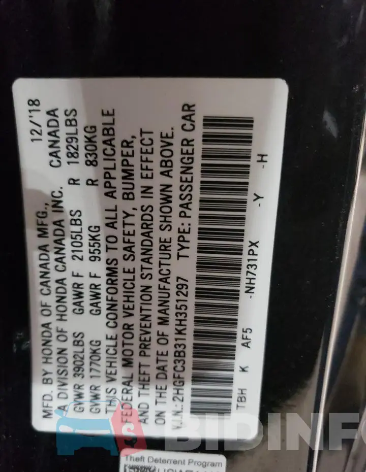 2HGFC3B31KH351297 Photo# 12