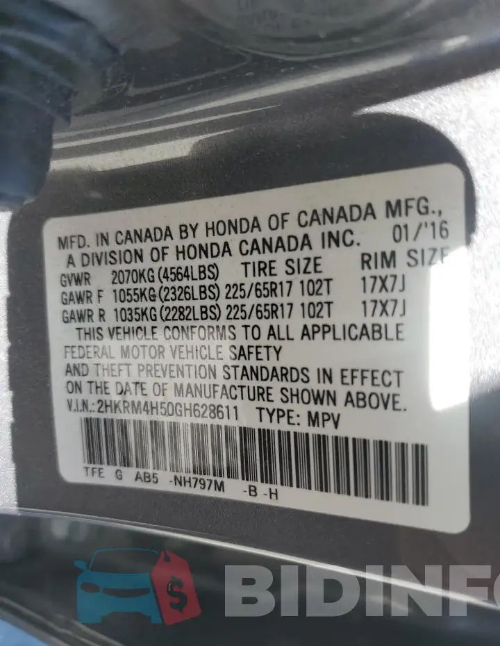 2HKRM4H50GH628611 Photo# 12