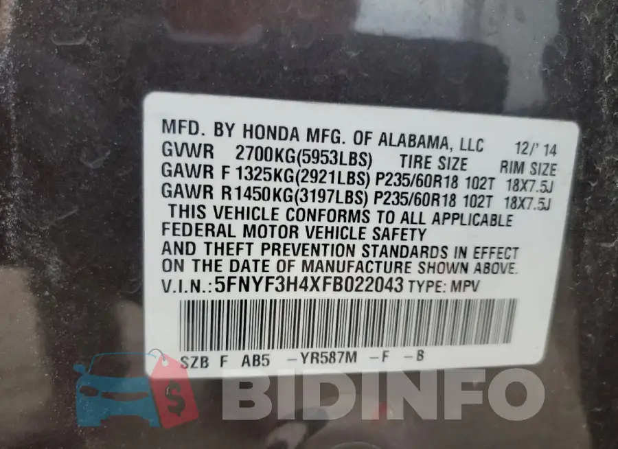 5FNYF3H4XFB022043 Photo# 14