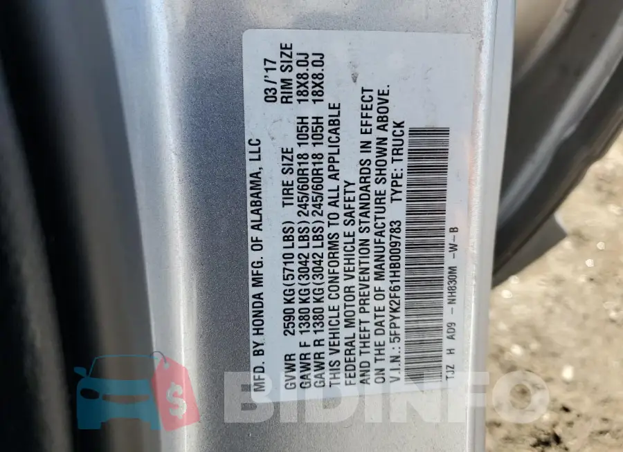 5FPYK2F61HB009783 Photo# 12