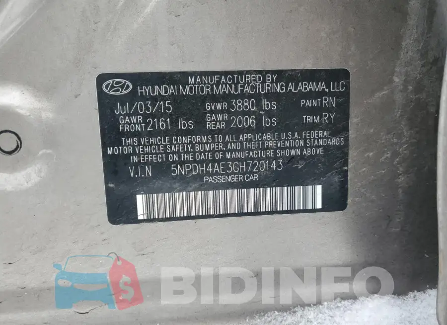 5NPDH4AE3GH720143 Photo# 12