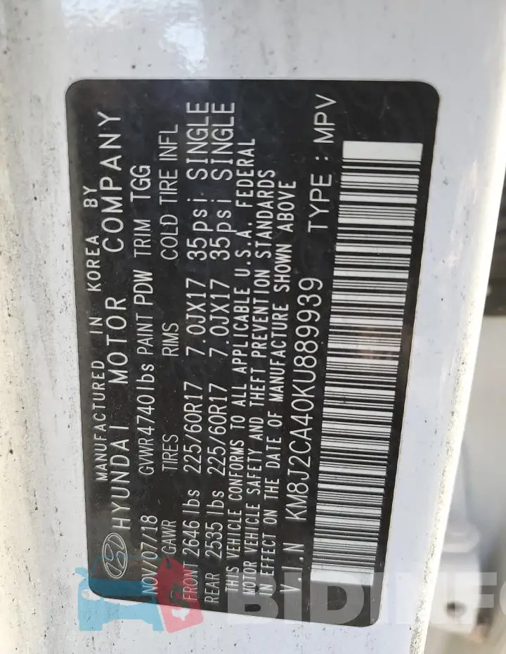 KM8J2CA40KU889939 Photo# 13