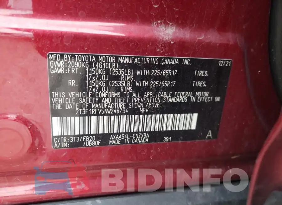 2T3F1RFV5NW248794 Photo# 12