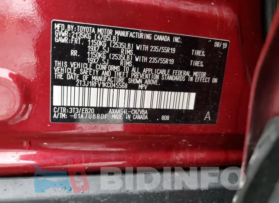 2T3J1RFV1KC045568 Photo# 14