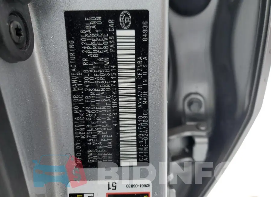 4T1B11HK7KU741514 Photo# 12