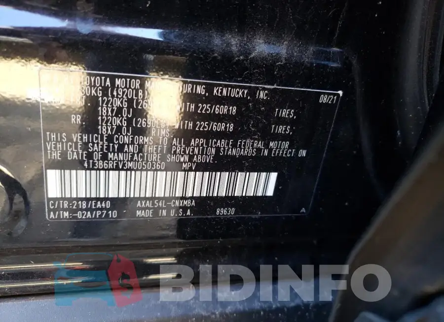4T3B6RFV3MU050360 Photo# 13