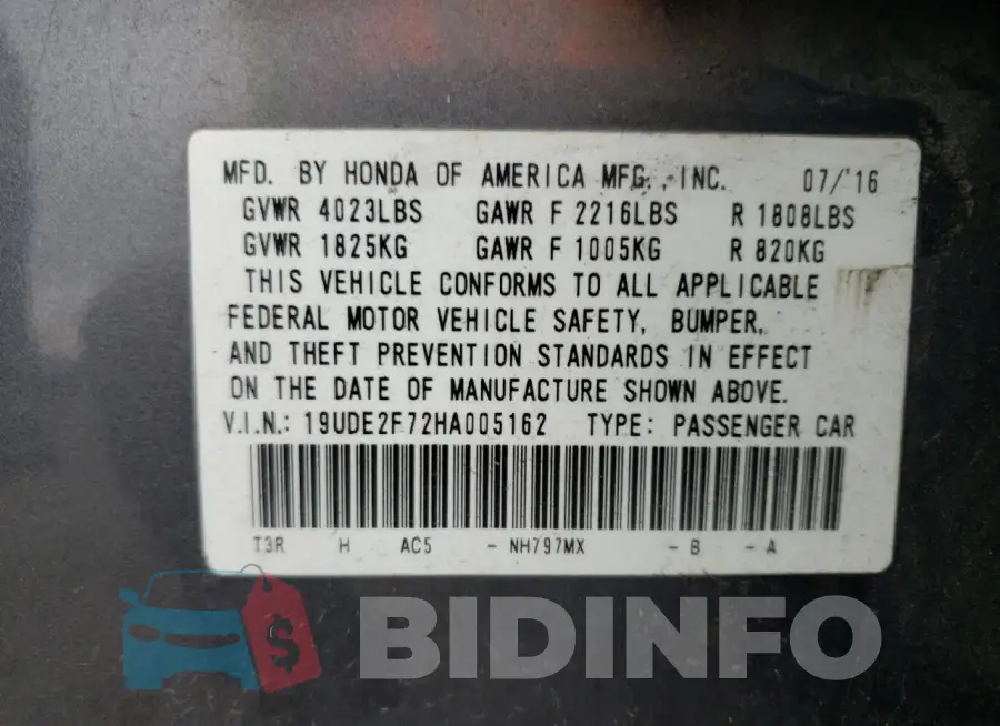 19UDE2F72HA005162 Photo# 12