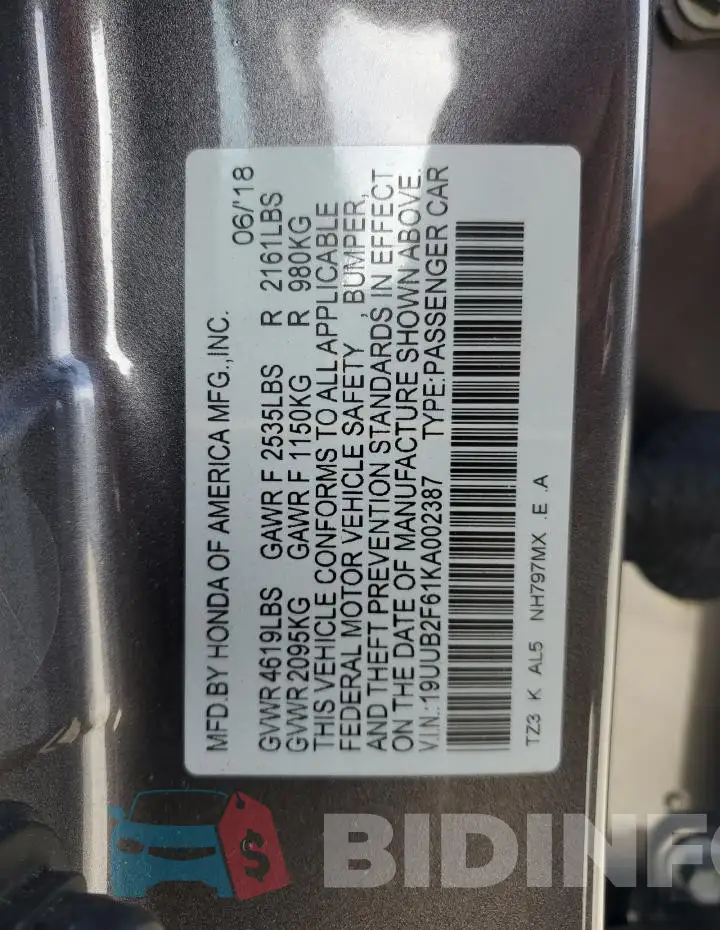 19UUB2F61KA002387 Photo# 12