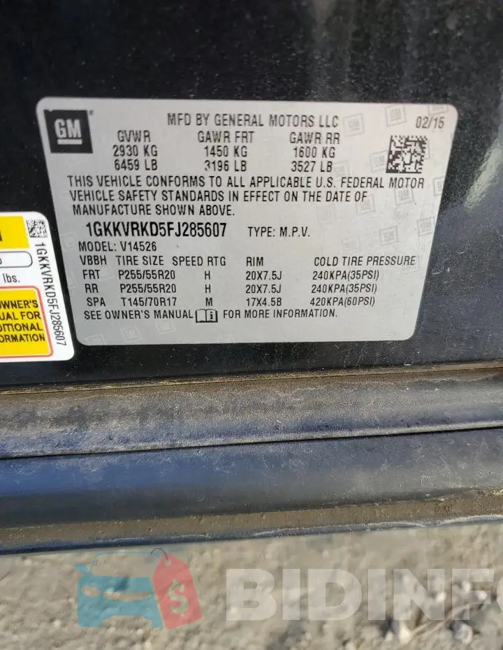1GKKVRKD5FJ285607 Photo# 12