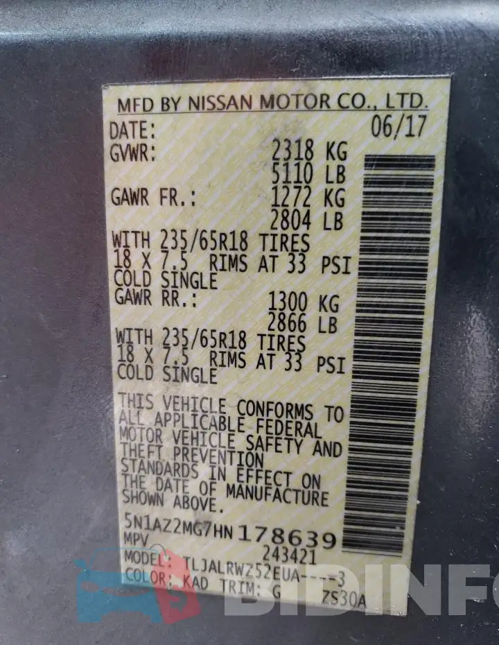 5N1AZ2MG7HN178639 Photo# 13