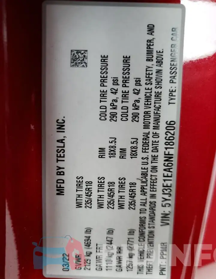 5YJ3E1EA6NF186206 Photo# 13