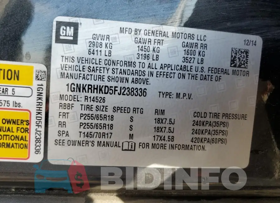 1GNKRHKD5FJ238336 Photo# 13