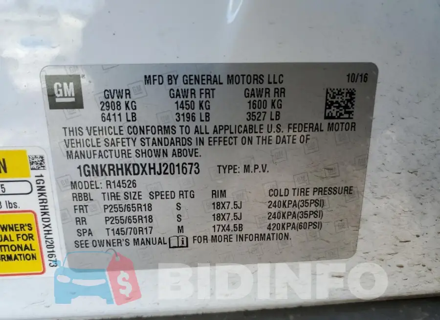 1GNKRHKDXHJ201673 Photo# 13