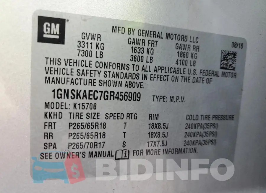 1GNSKAEC7GR456909 Photo# 13