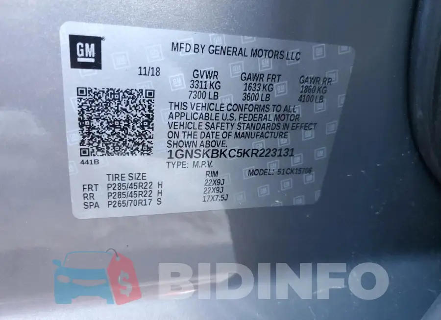 1GNSKBKC5KR223131 Photo# 12