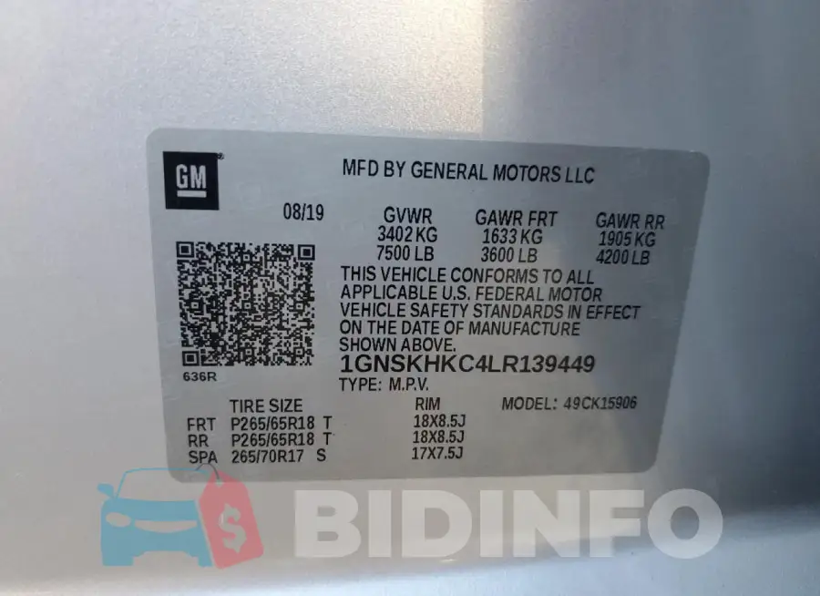 1GNSKHKC4LR139449 Photo# 13