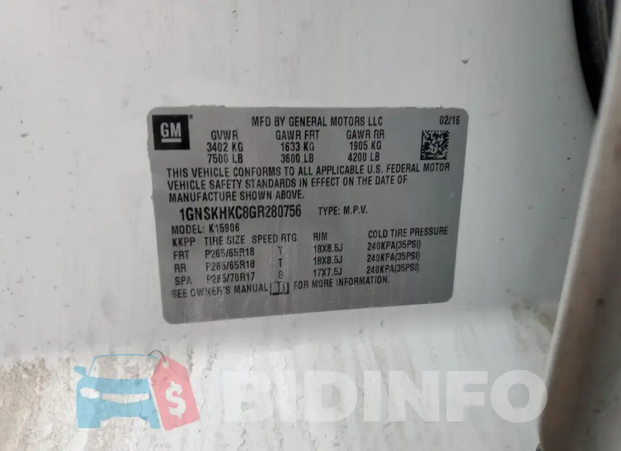 1GNSKHKC8GR280756 Photo# 13