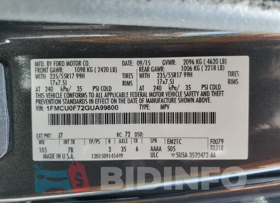 1FMCU0F72GUA99800 Photo# 12