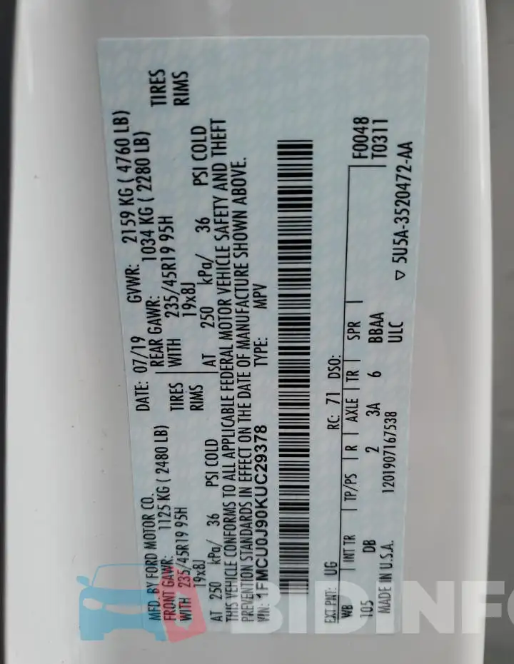 1FMCU0J90KUC29378 Photo# 14
