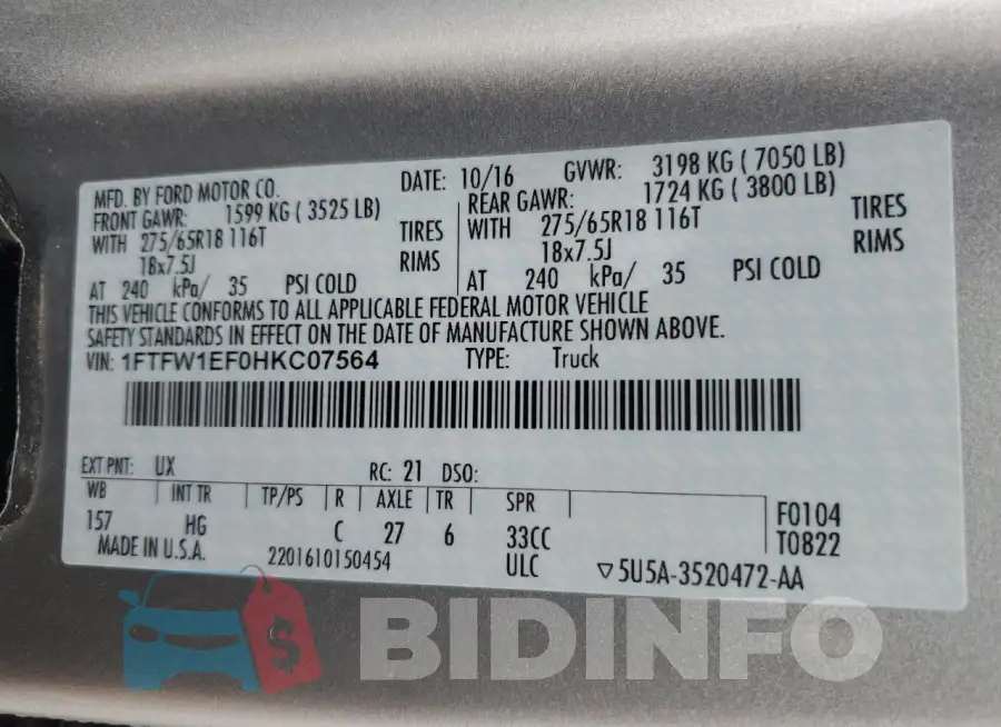 1FTFW1EF0HKC07564 Photo# 12