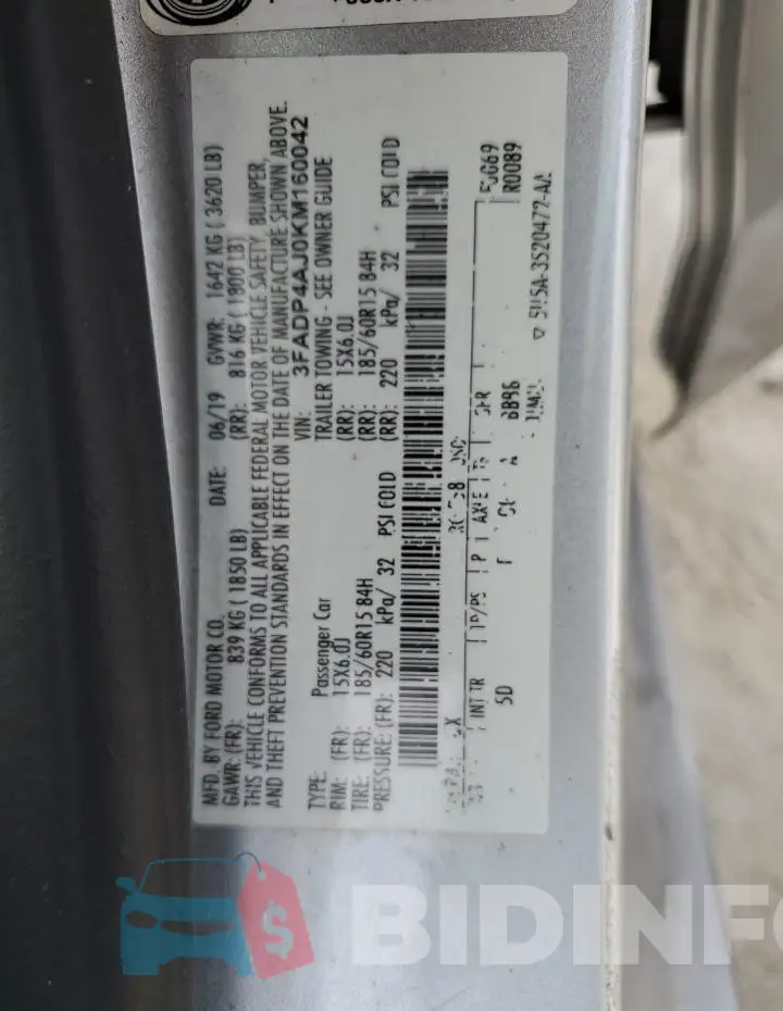 3FADP4AJ0KM160042 Photo# 13