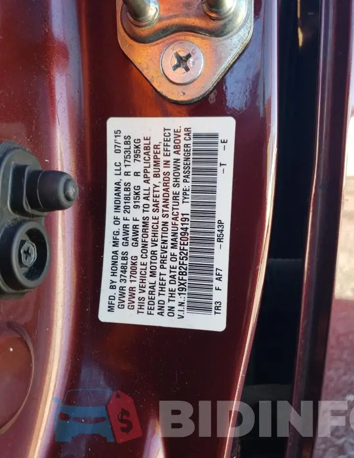 19XFB2F52FE094191 Photo# 12
