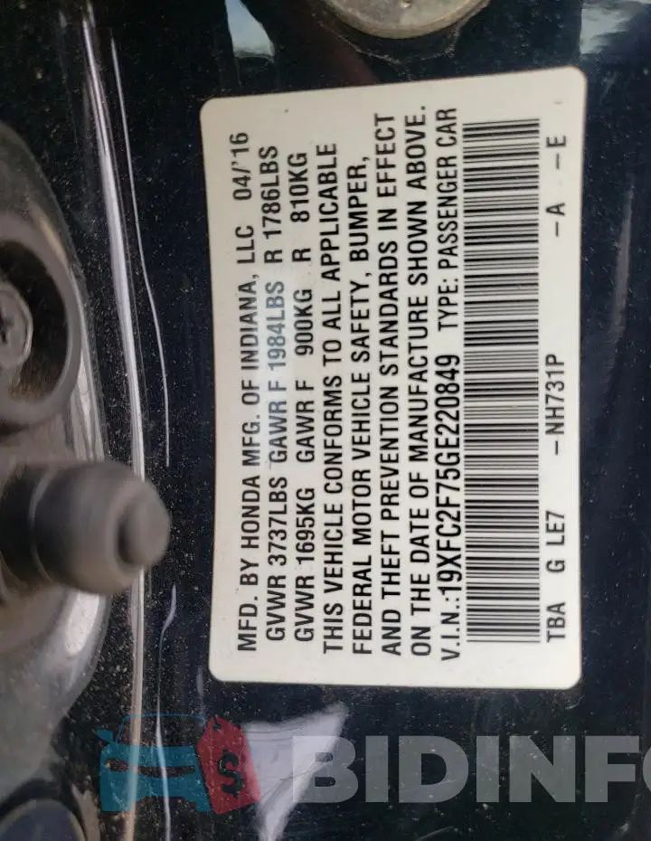 19XFC2F75GE220849 Photo# 12