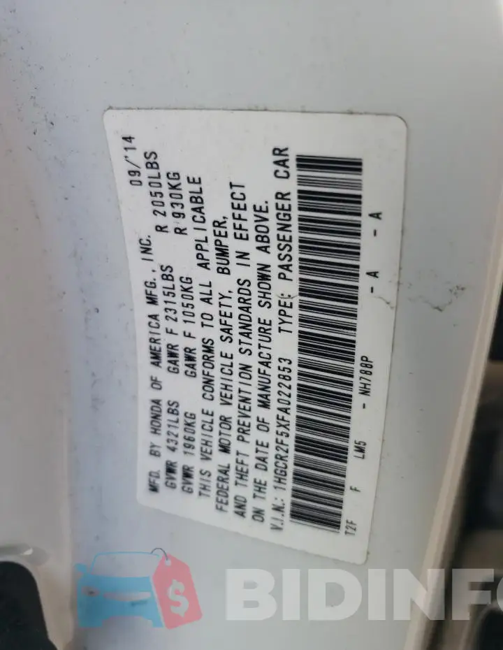 1HGCR2F5XFA022853 Photo# 12