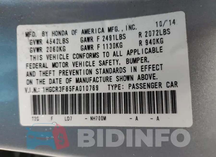 1HGCR3F85FA010769 Photo# 12