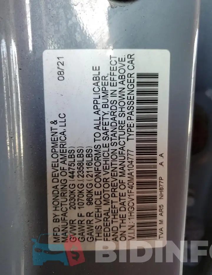 1HGCV1F40MA104777 Photo# 12
