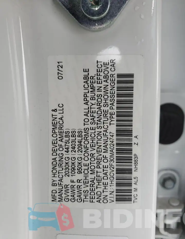 1HGCV2F30MA024747 Photo# 12