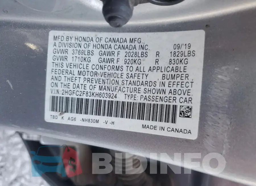 2HGFC2F83KH603924 Photo# 13