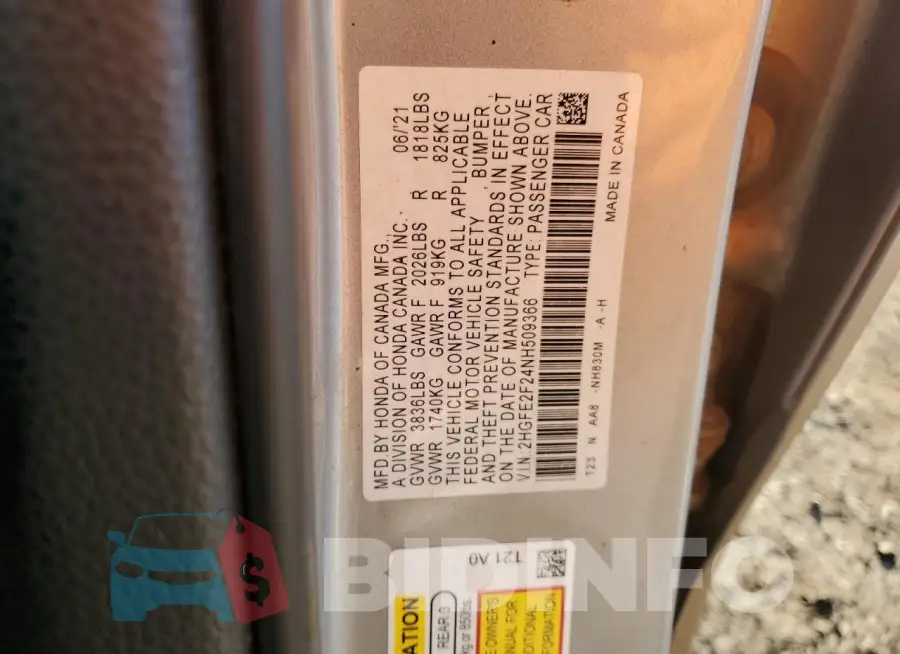 2HGFE2F24NH509366 Photo# 12