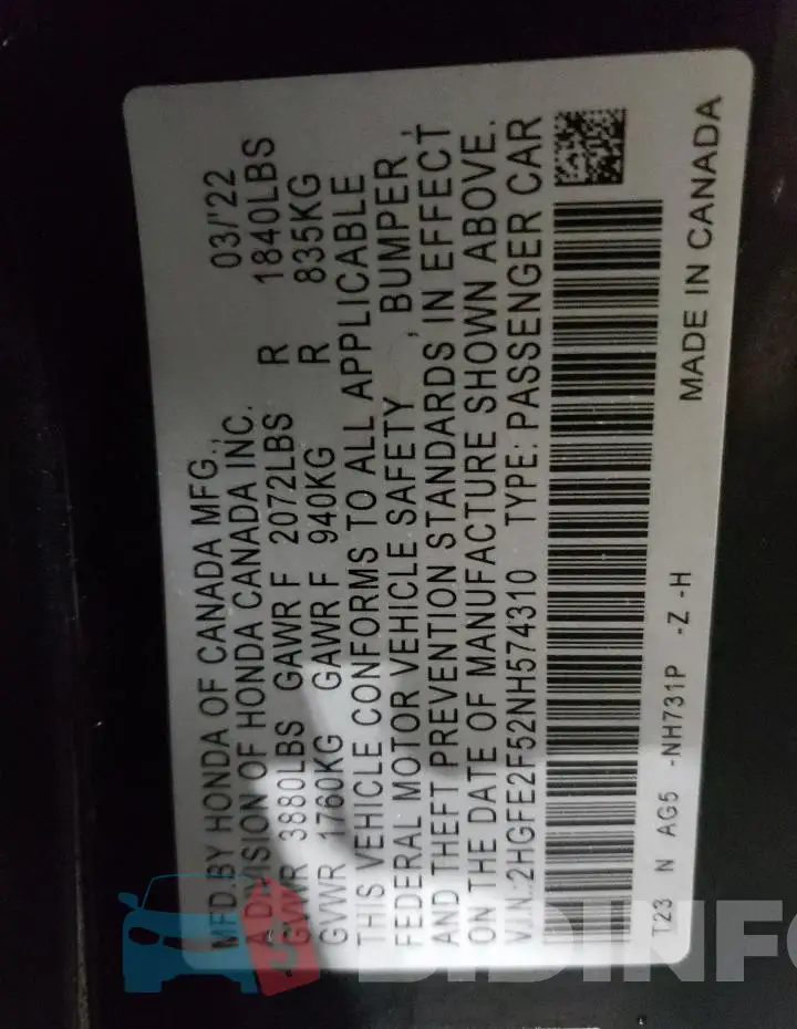 2HGFE2F52NH574310 Photo# 12
