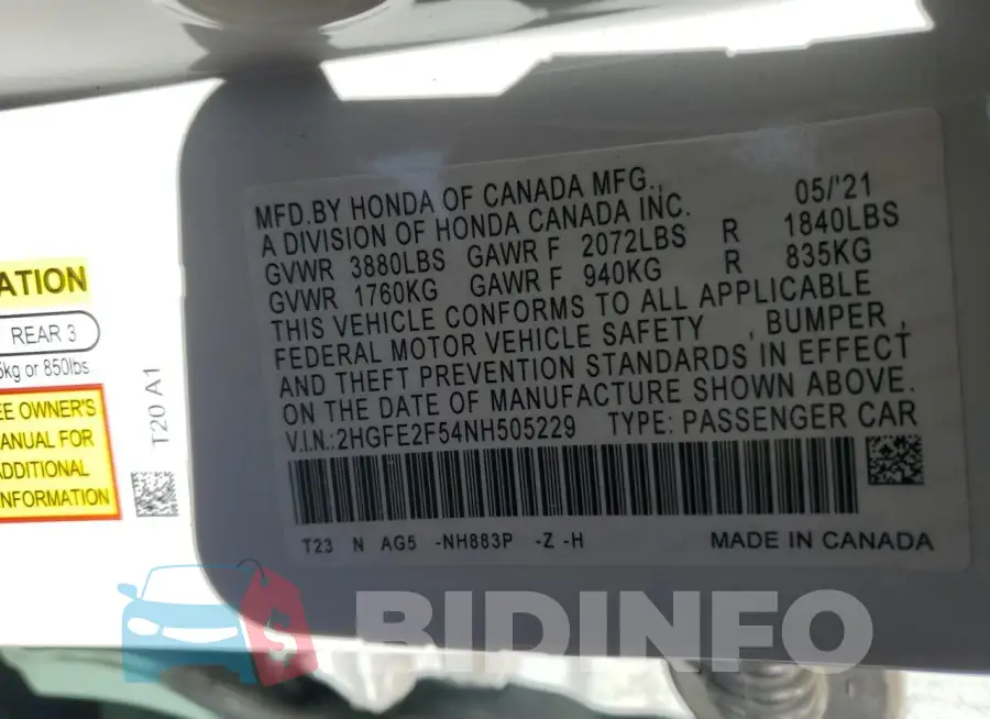 2HGFE2F54NH505229 Photo# 12