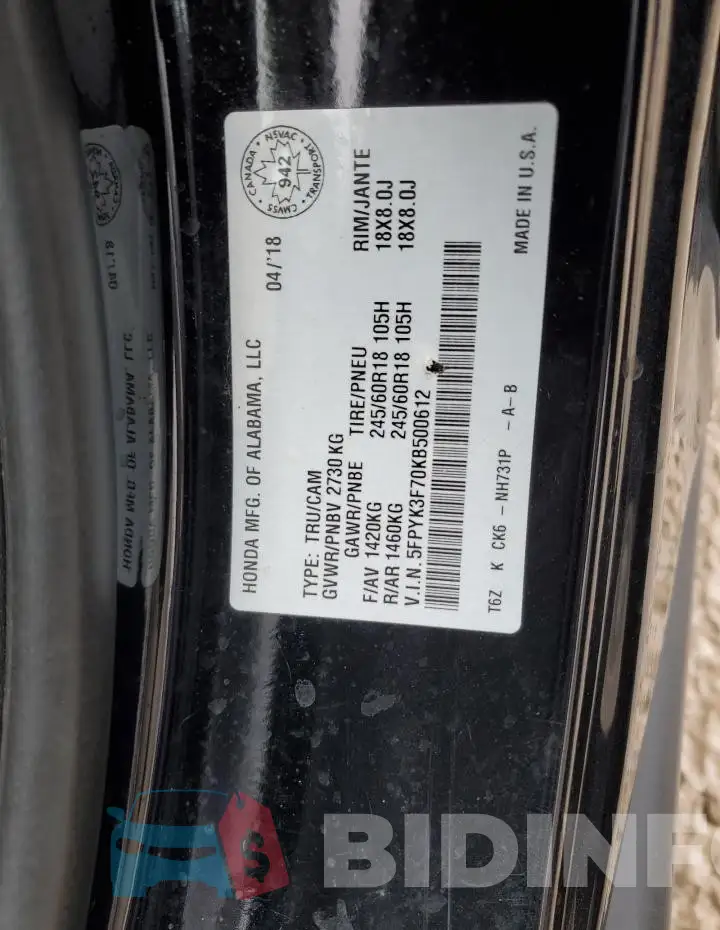 5FPYK3F70KB500612 Photo# 12