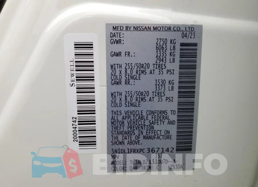 5N1DL1FRXPC367142 Photo# 14