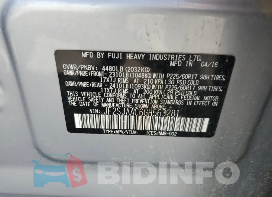 JF2SJAAC6GH563281 Photo# 13