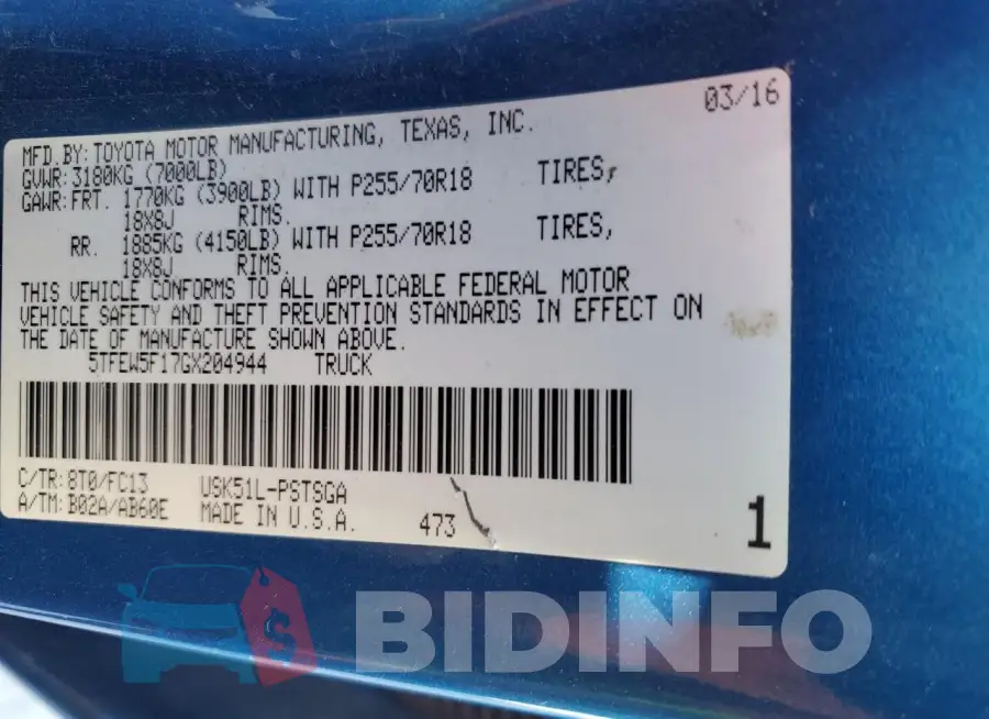 5TFEW5F17GX204944 Photo# 12