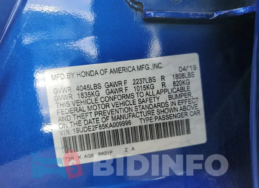 19UDE2F85KA009996 Photo# 12