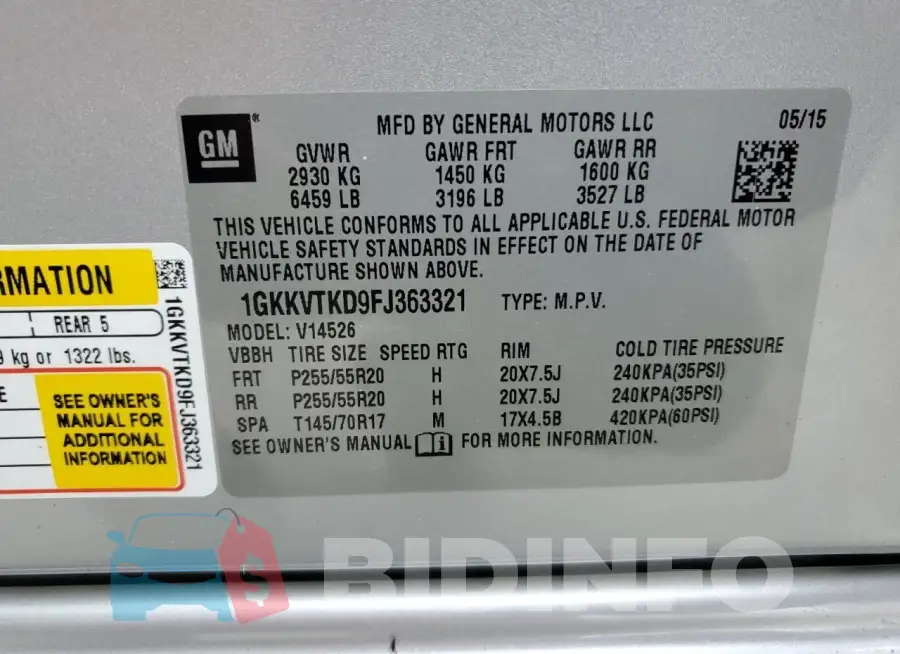 1GKKVTKD9FJ363321 Photo# 13