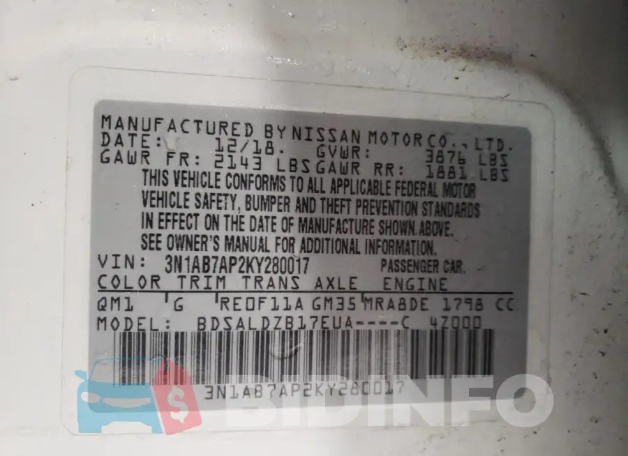 3N1AB7AP2KY280017 Photo# 12