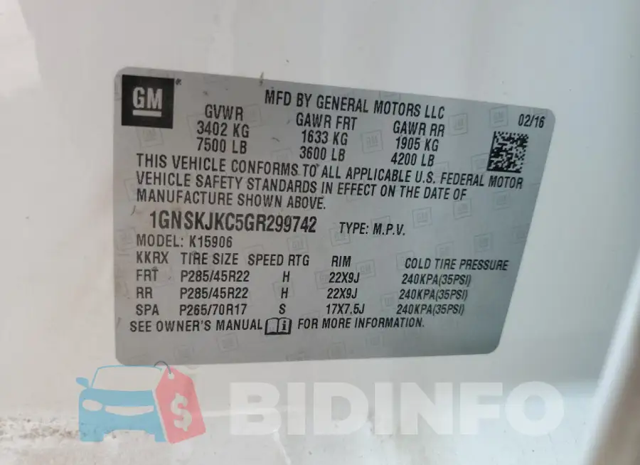 1GNSKJKC5GR299742 Photo# 13