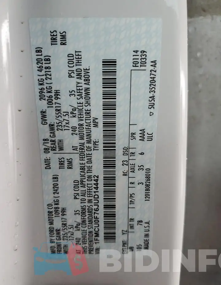 1FMCU0F76JUD14442 Photo# 13