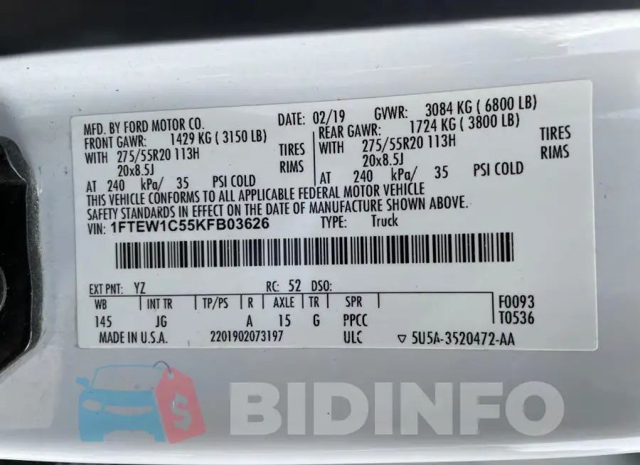 1FTEW1C55KFB03626 Photo# 10