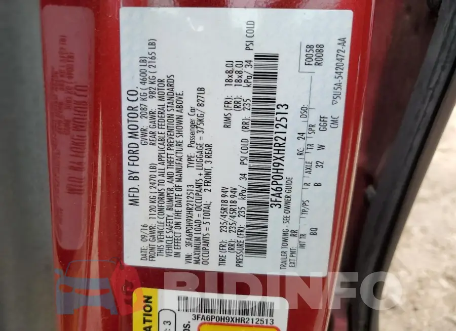3FA6P0H9XHR212513 Photo# 13