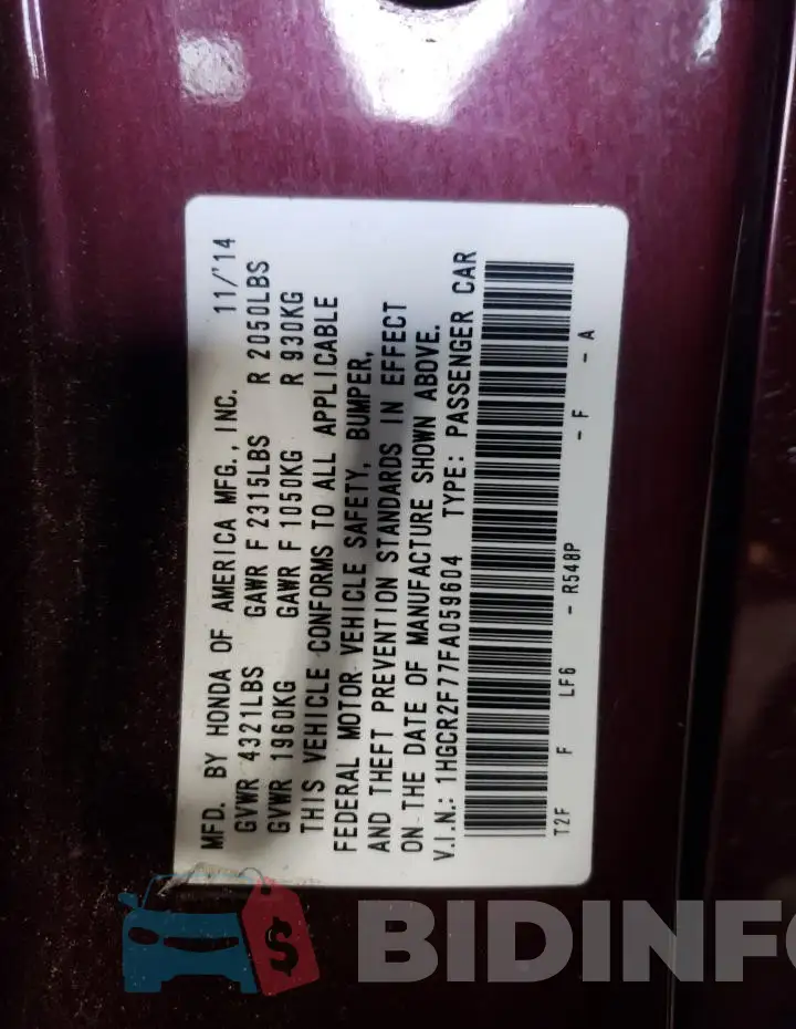 1HGCR2F77FA059604 Photo# 12